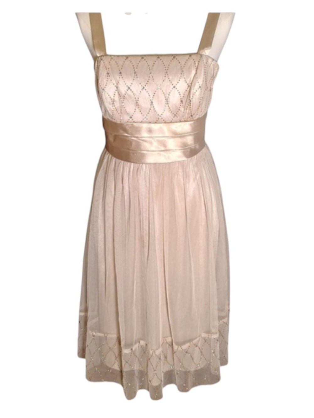 Dress Barn Champagne Gold Tulled Rhinestone Formal Dress Size 8 Petite Women's